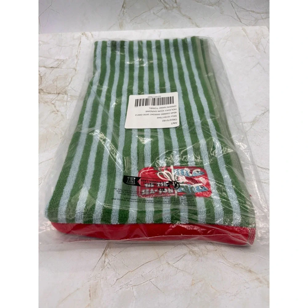 Anthropologie 'Tis The Season Green‎ Hand Towel Holiday Icon Striped 100% Cotton